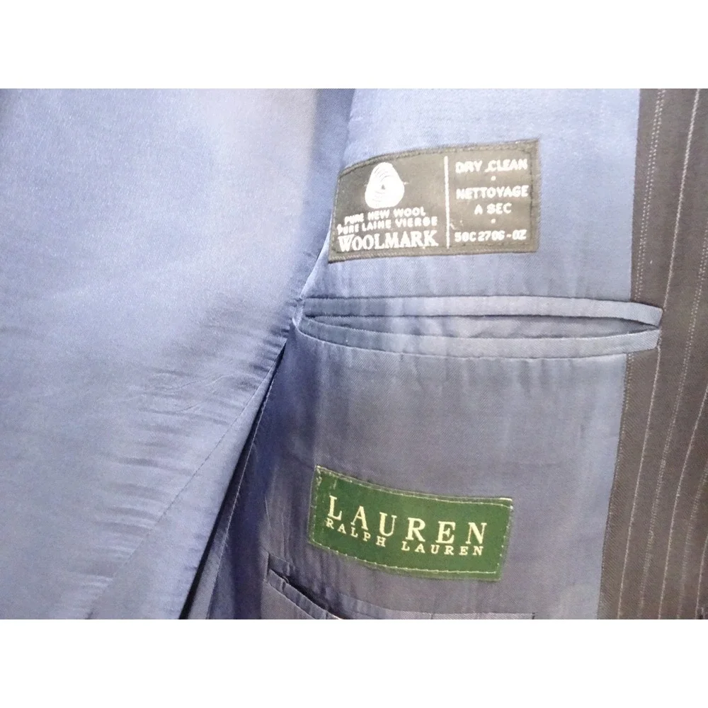 Lauren Ralph Lauren Mens Navy Blue Pinstripe Wool Blazer Suit Jacket 2 Button
